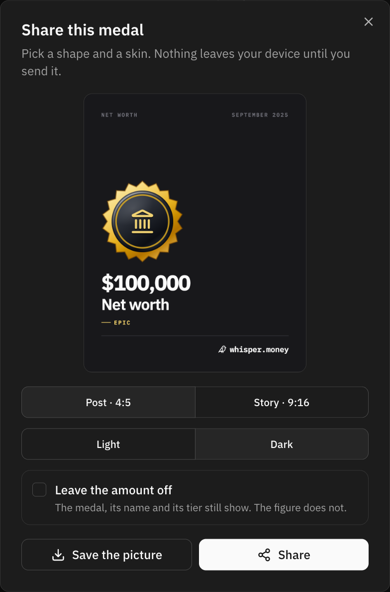 The share dialog for an earned medal: the card as it will be posted, buttons for the 4:5 post and 9:16 story shapes, light and dark skins, a "Leave the amount off" tick box, and buttons to save the picture or share it