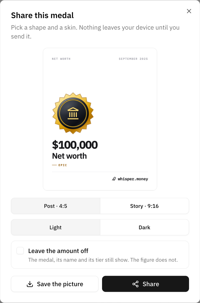 The share dialog for an earned medal: the card as it will be posted, buttons for the 4:5 post and 9:16 story shapes, light and dark skins, a "Leave the amount off" tick box, and buttons to save the picture or share it