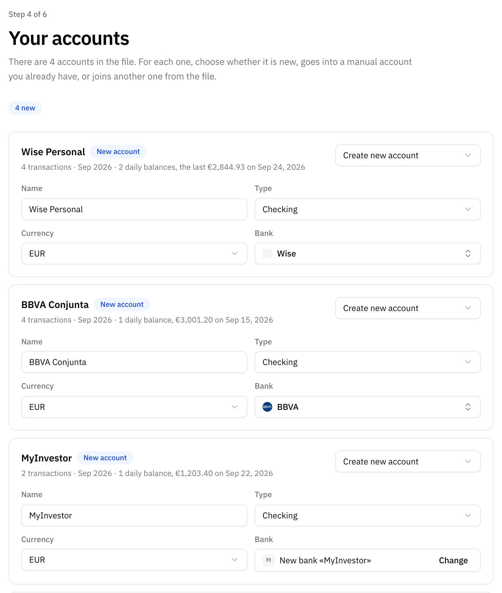 The accounts step, with four accounts from the file and a new bank created for one the list does not know
