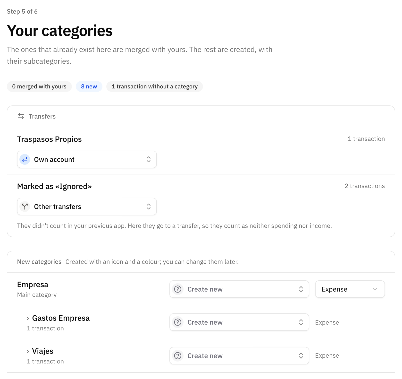 The categories step, with the transfers section and the new categories listed with their subcategories