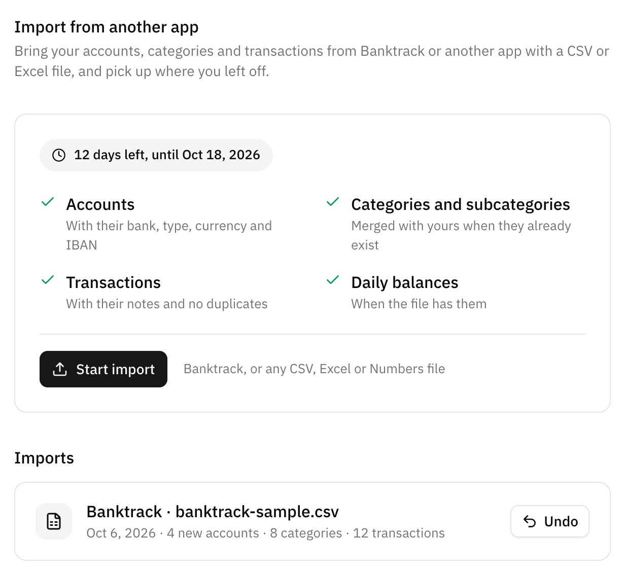 The Import from another app page in Settings, with the days left, what gets imported and the Start import button